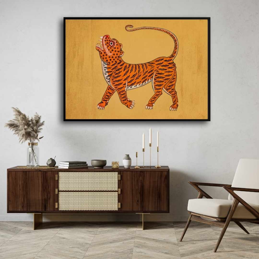 "Roaring Tiger on Ochre" Fine Art Giclée Print | Wildlife Wall Art 3 : 2 Horizontal Premium Wall Art Canvas by MeriDeewar