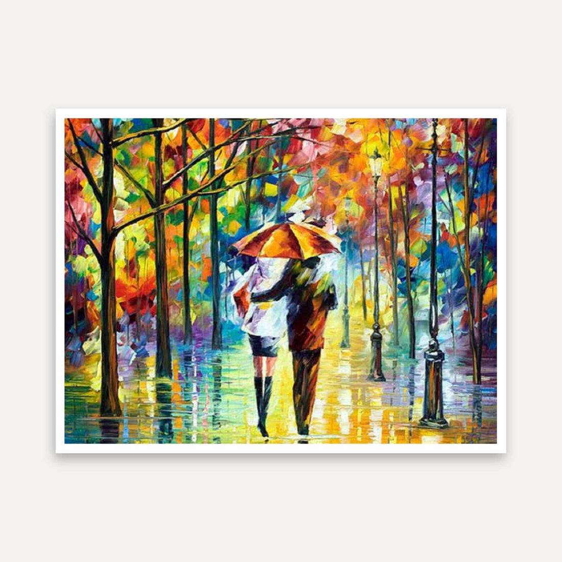 Romantic Couple in Rain Painting for Living Room | Colorful Wall Art | Giclée Print 5 : 4 Horizontal Premium Wall Art Canvas by MeriDeewar
