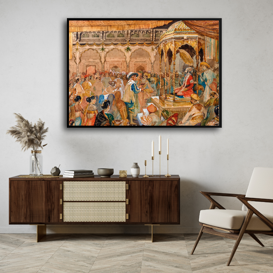 Royal Indian Court Durbar Wall Art | Vintage Historical Watercolor Print 3 : 2 Horizontal Premium Wall Art Canvas by MeriDeewar