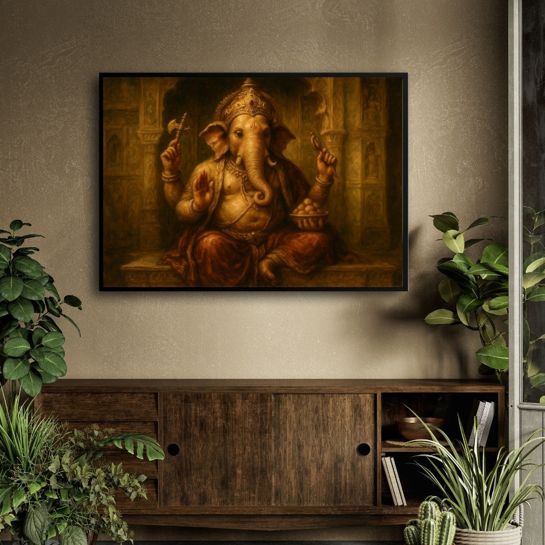 Royal Temple Ganesha Wall Art – Traditional Golden Spiritual Painting Premium Wall Art Canvas by MeriDeewar