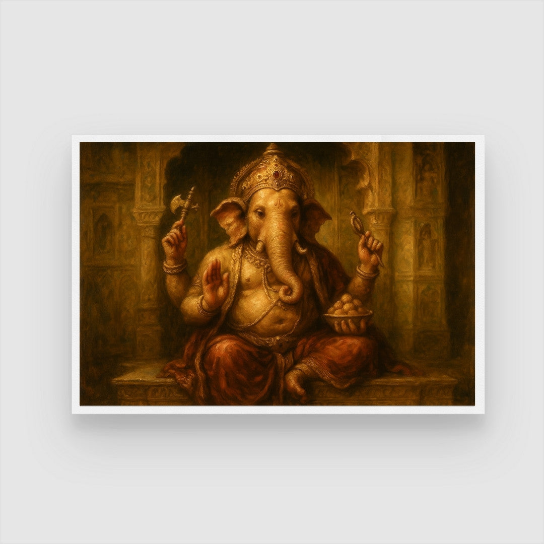 Royal Temple Ganesha Wall Art – Traditional Golden Spiritual Painting Premium Wall Art Canvas by MeriDeewar