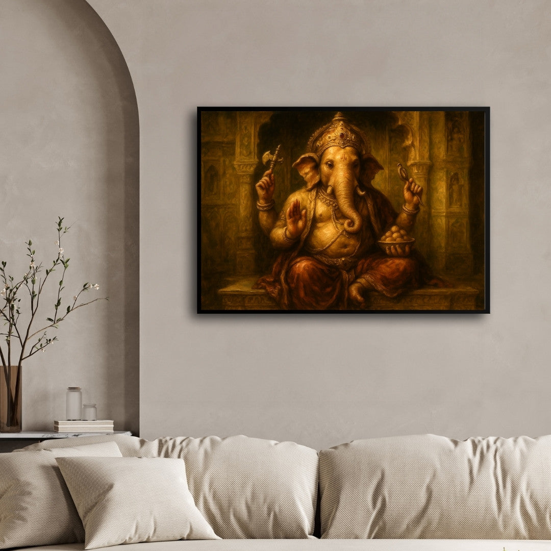 Royal Temple Ganesha Wall Art – Traditional Golden Spiritual Painting Premium Wall Art Canvas by MeriDeewar