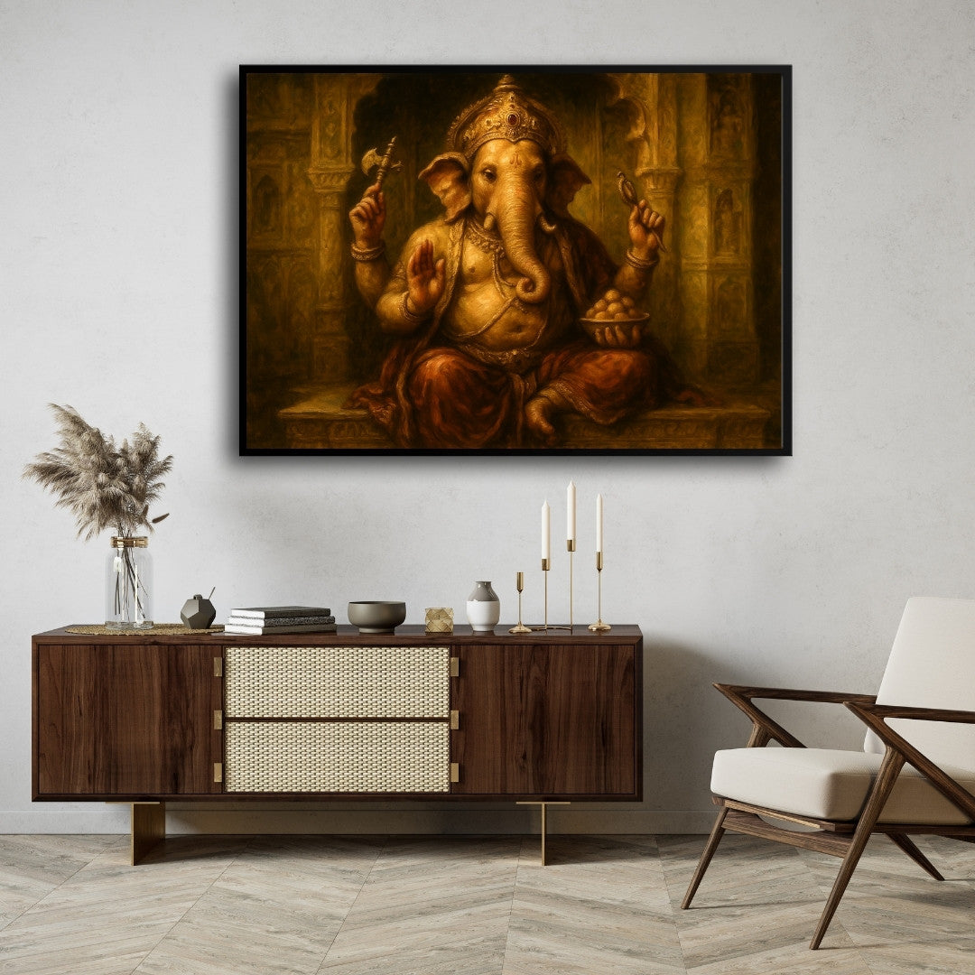 Royal Temple Ganesha Wall Art – Traditional Golden Spiritual Painting Premium Wall Art Canvas by MeriDeewar