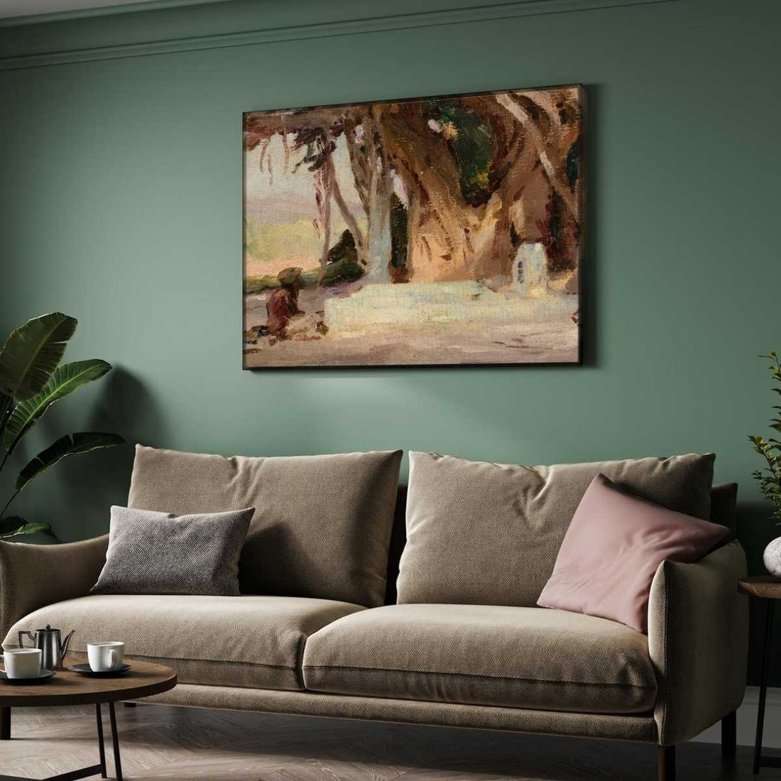 Rustic Indian Banyan Tree Landscape Oil Painting | Horizontal Framed Print 4 : 3 Horizontal Premium Wall Art Canvas by MeriDeewar