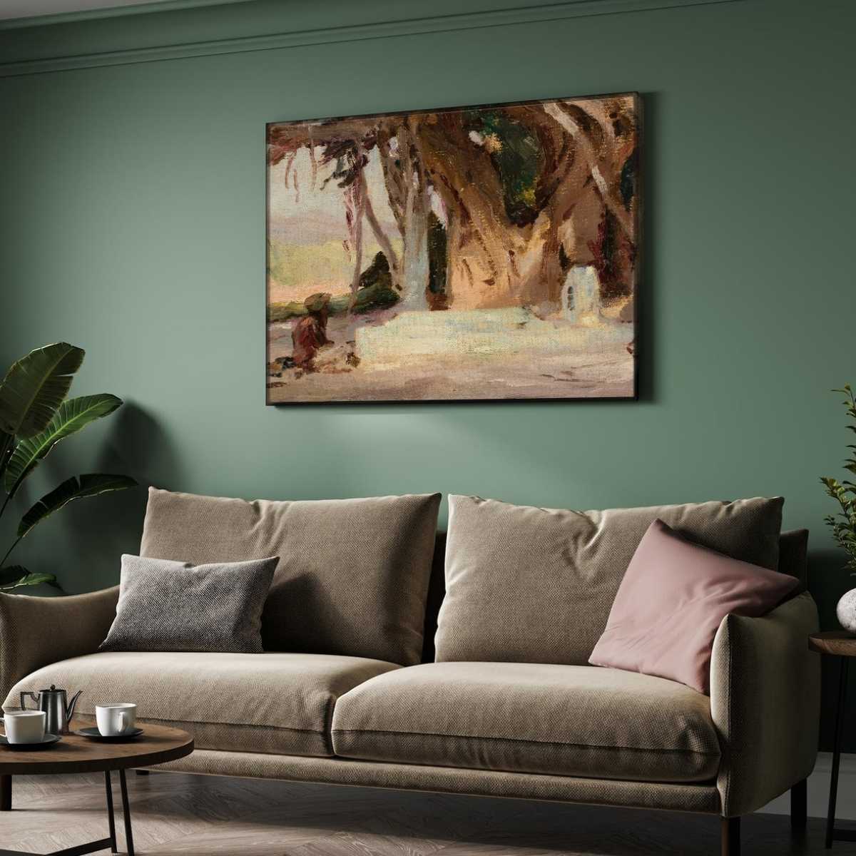 Rustic Indian Banyan Tree Landscape Oil Painting | Horizontal Framed Print 4 : 3 Horizontal Premium Wall Art Canvas by MeriDeewar