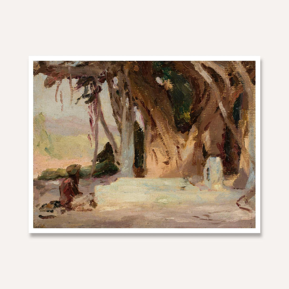 Rustic Indian Banyan Tree Landscape Oil Painting | Horizontal Framed Print 4 : 3 Horizontal Premium Wall Art Canvas by MeriDeewar