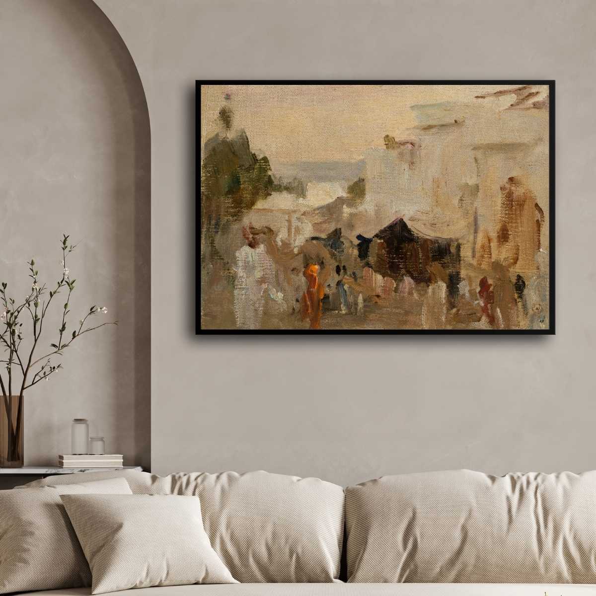 Rustic Indian Desert Village Scene Oil Painting | Horizontal Framed Print 4 : 3 Horizontal Premium Wall Art Canvas by MeriDeewar