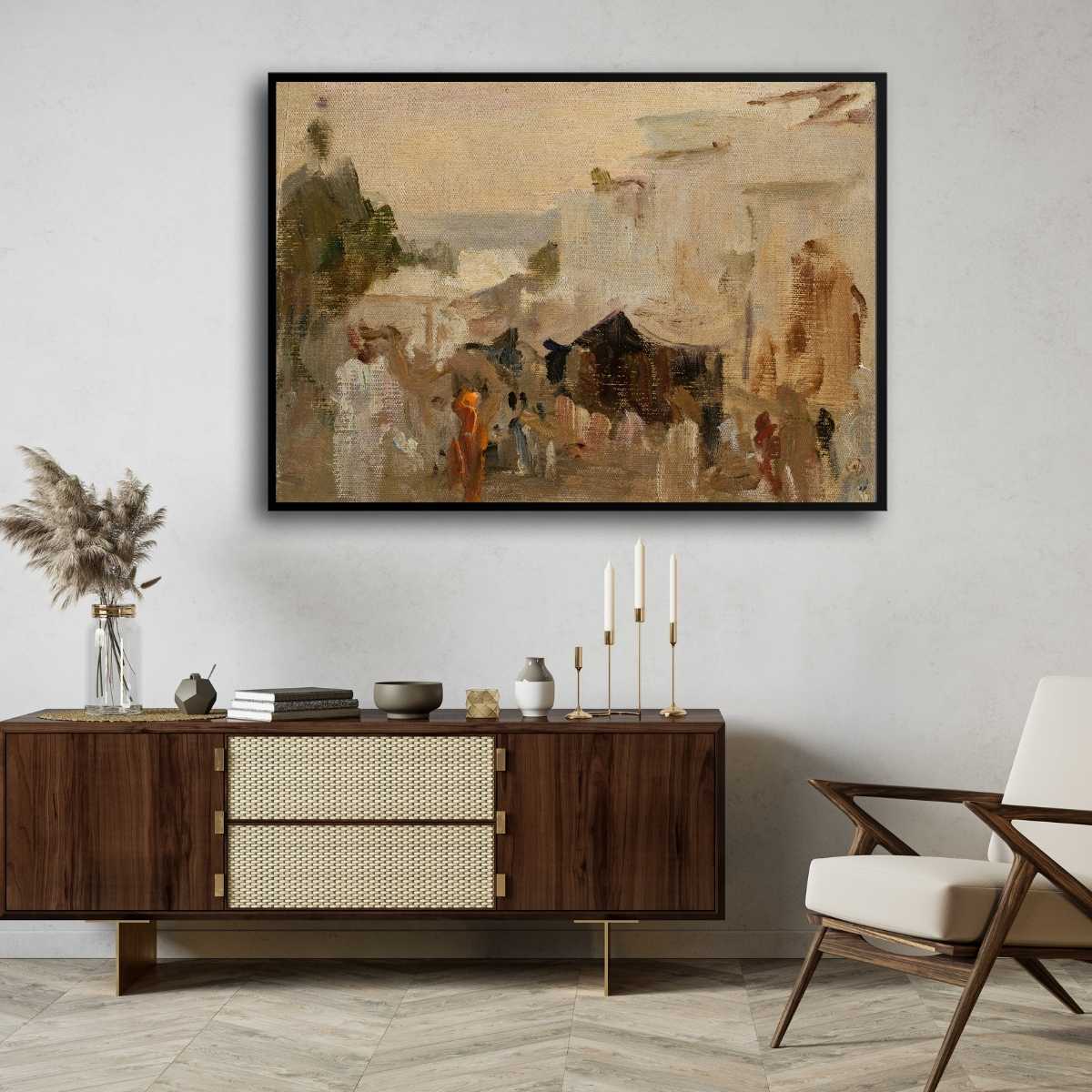 Rustic Indian Desert Village Scene Oil Painting | Horizontal Framed Print 4 : 3 Horizontal Premium Wall Art Canvas by MeriDeewar