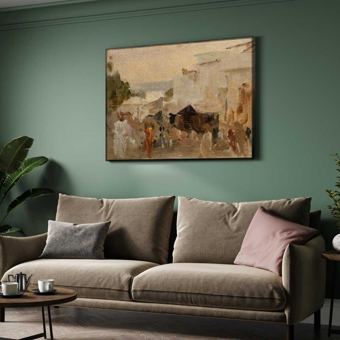 Rustic Indian Desert Village Scene Oil Painting | Horizontal Framed Print 4 : 3 Horizontal Premium Wall Art Canvas by MeriDeewar