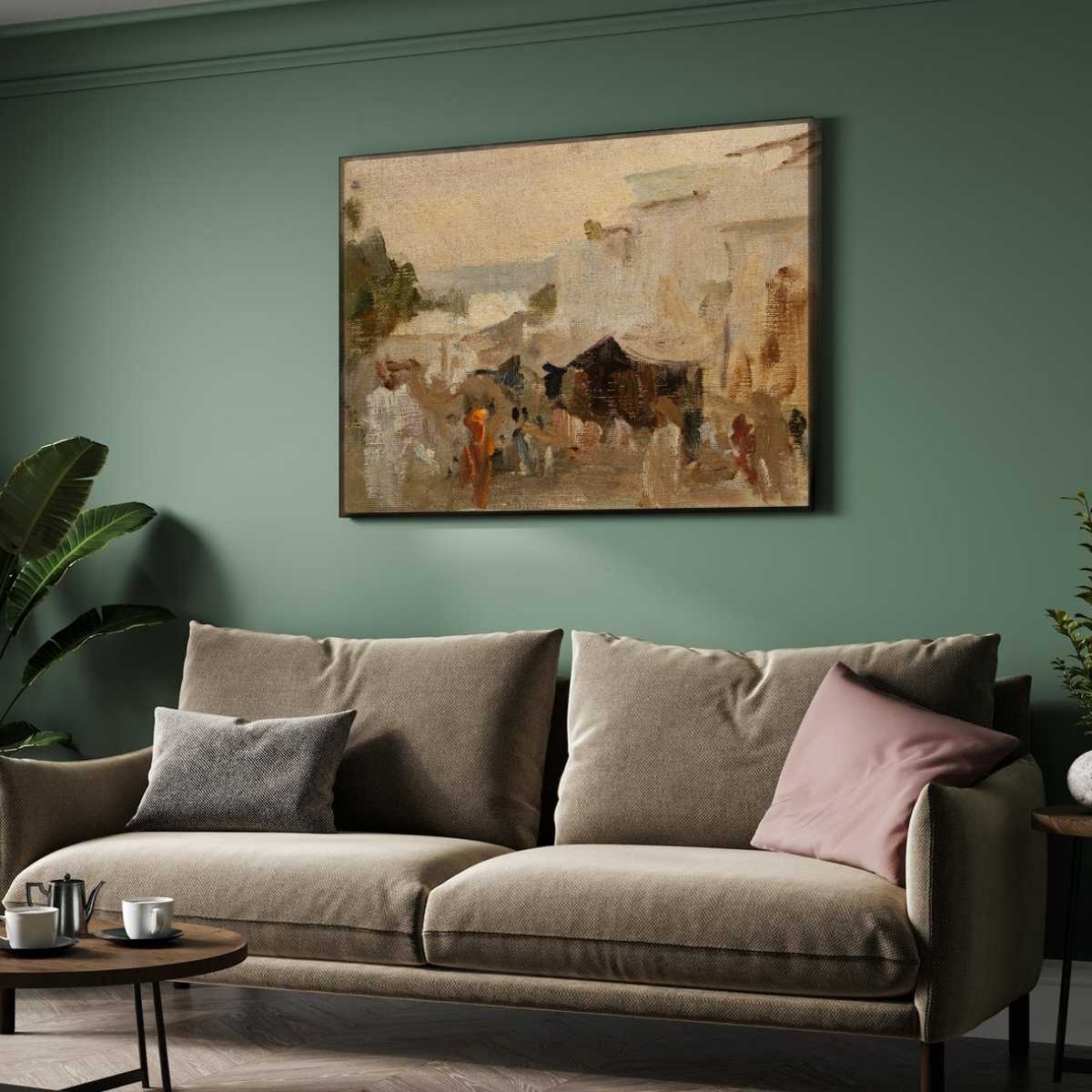 Rustic Indian Desert Village Scene Oil Painting | Horizontal Framed Print 4 : 3 Horizontal Premium Wall Art Canvas by MeriDeewar