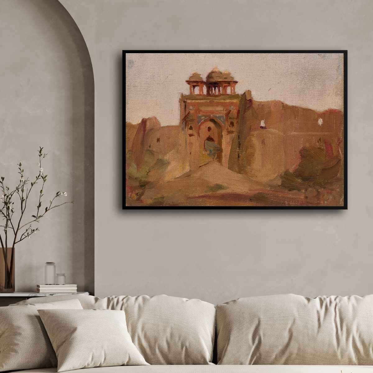 Rustic Indian Fort Architecture Oil Painting | Horizontal Framed Print 4 : 3 Horizontal Premium Wall Art Canvas by MeriDeewar