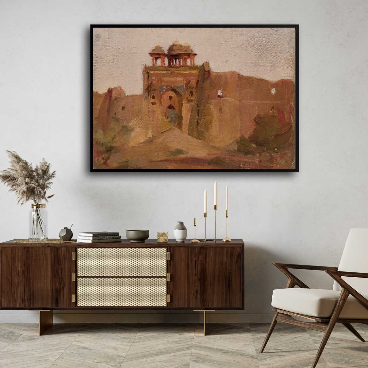 Rustic Indian Fort Architecture Oil Painting | Horizontal Framed Print 4 : 3 Horizontal Premium Wall Art Canvas by MeriDeewar