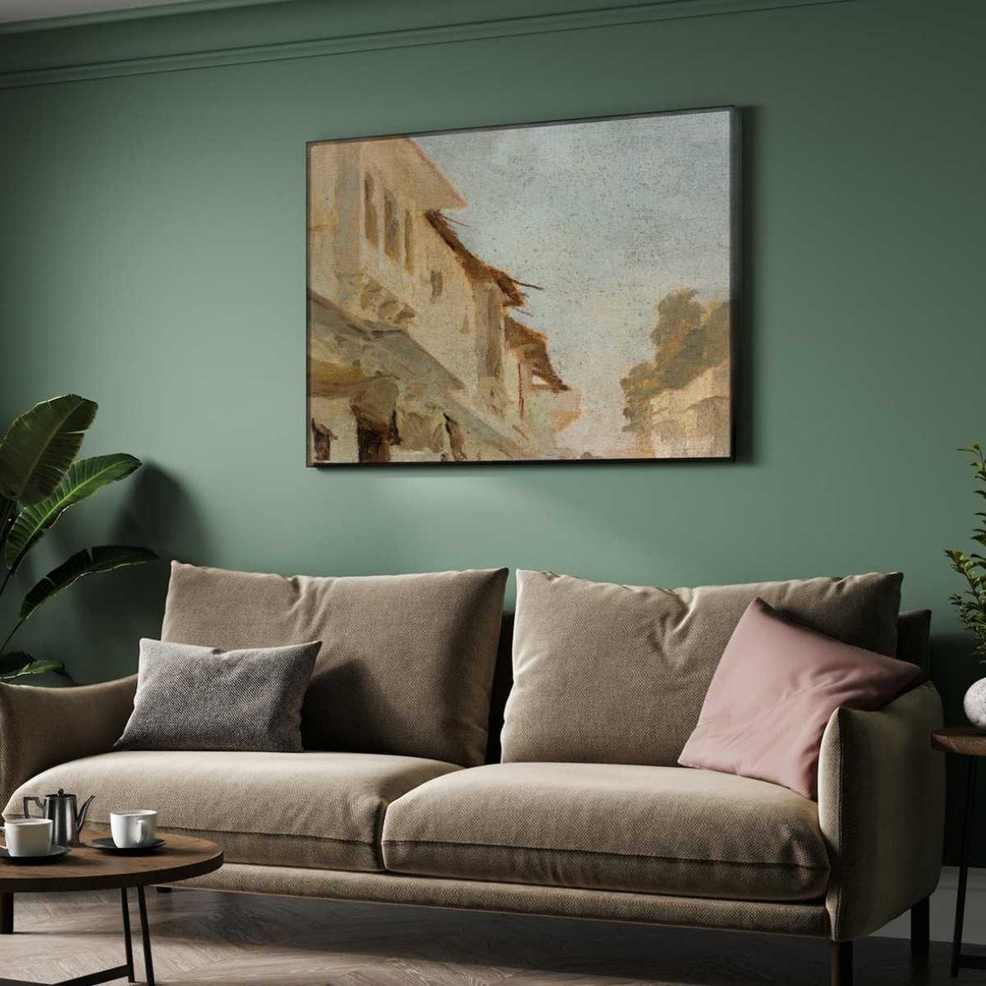 Rustic Indian Street Scene Oil Painting | Horizontal Framed Print 4 : 3 Horizontal Premium Wall Art Canvas by MeriDeewar