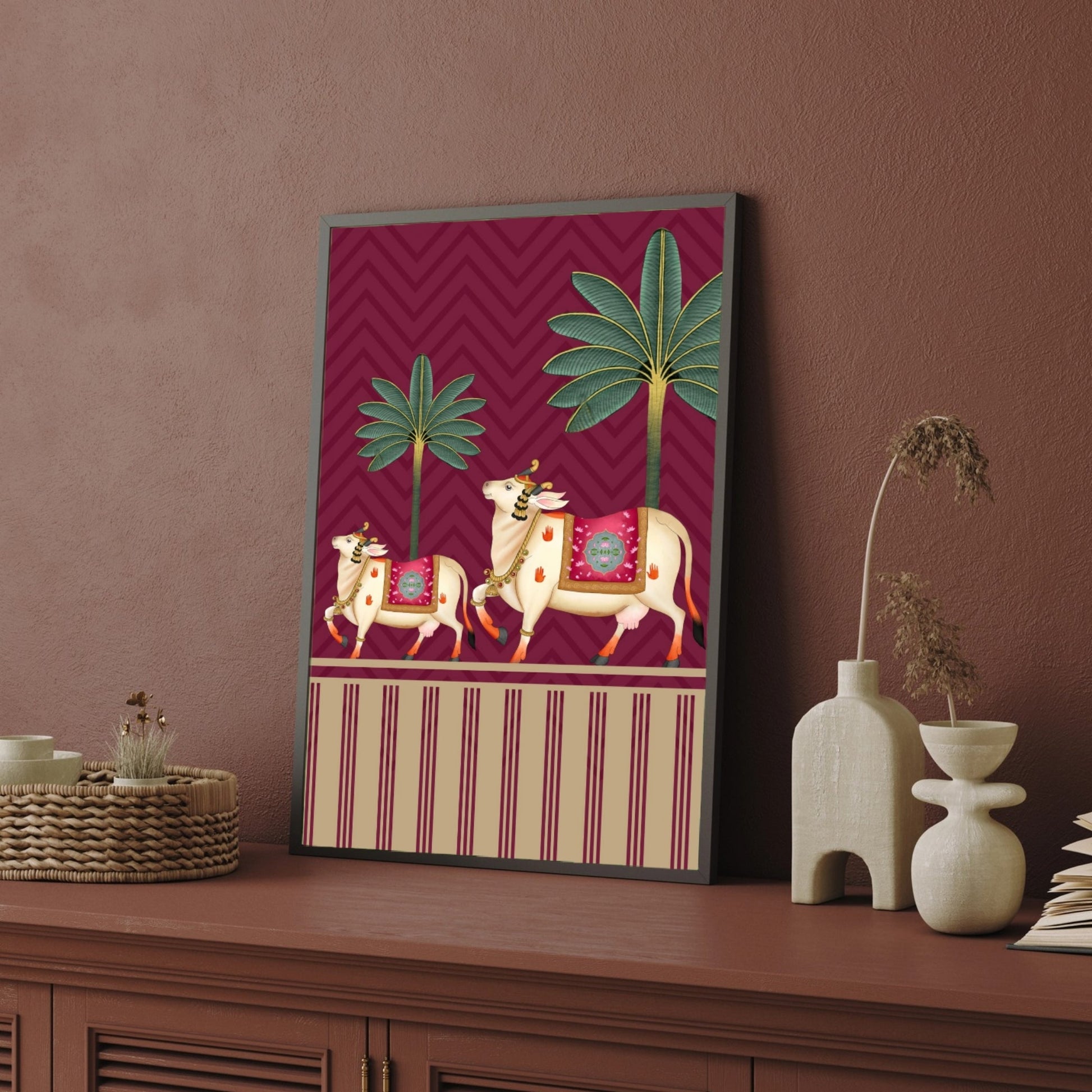 Sacred Cow at the Emerald Temple Gate – Pichwai Lotus Wall Art 2 : 3 Vertical Premium Wall Art Canvas by MeriDeewar