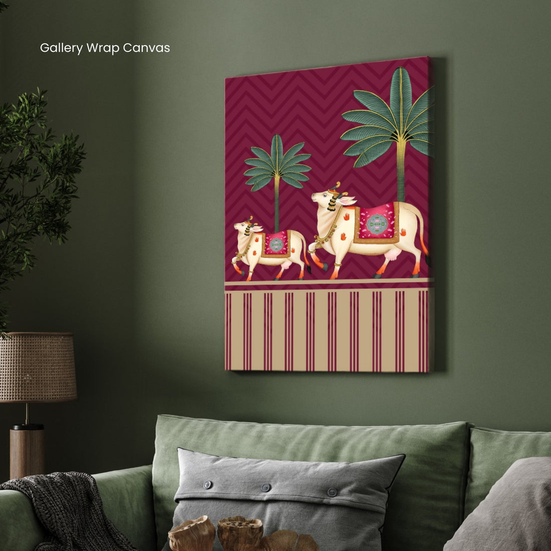 Sacred Cow at the Emerald Temple Gate – Pichwai Lotus Wall Art 2 : 3 Vertical Premium Wall Art Canvas by MeriDeewar