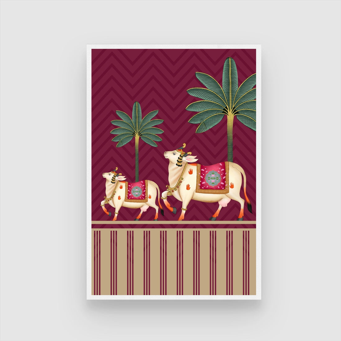 Sacred Cow at the Emerald Temple Gate – Pichwai Lotus Wall Art 2 : 3 Vertical Premium Wall Art Canvas by MeriDeewar