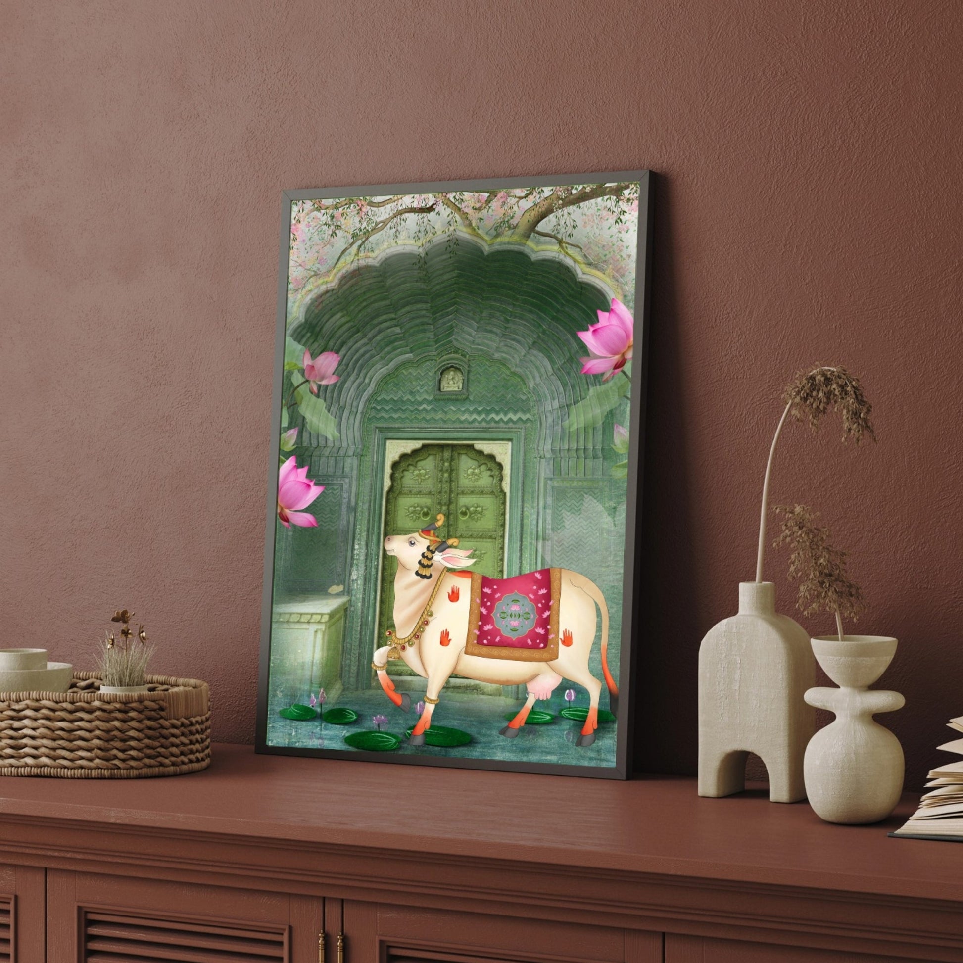 Sacred Cow Procession Under Palm Trees – Traditional Pichwai Wall Art 2 : 3 Vertical Premium Wall Art Canvas by MeriDeewar