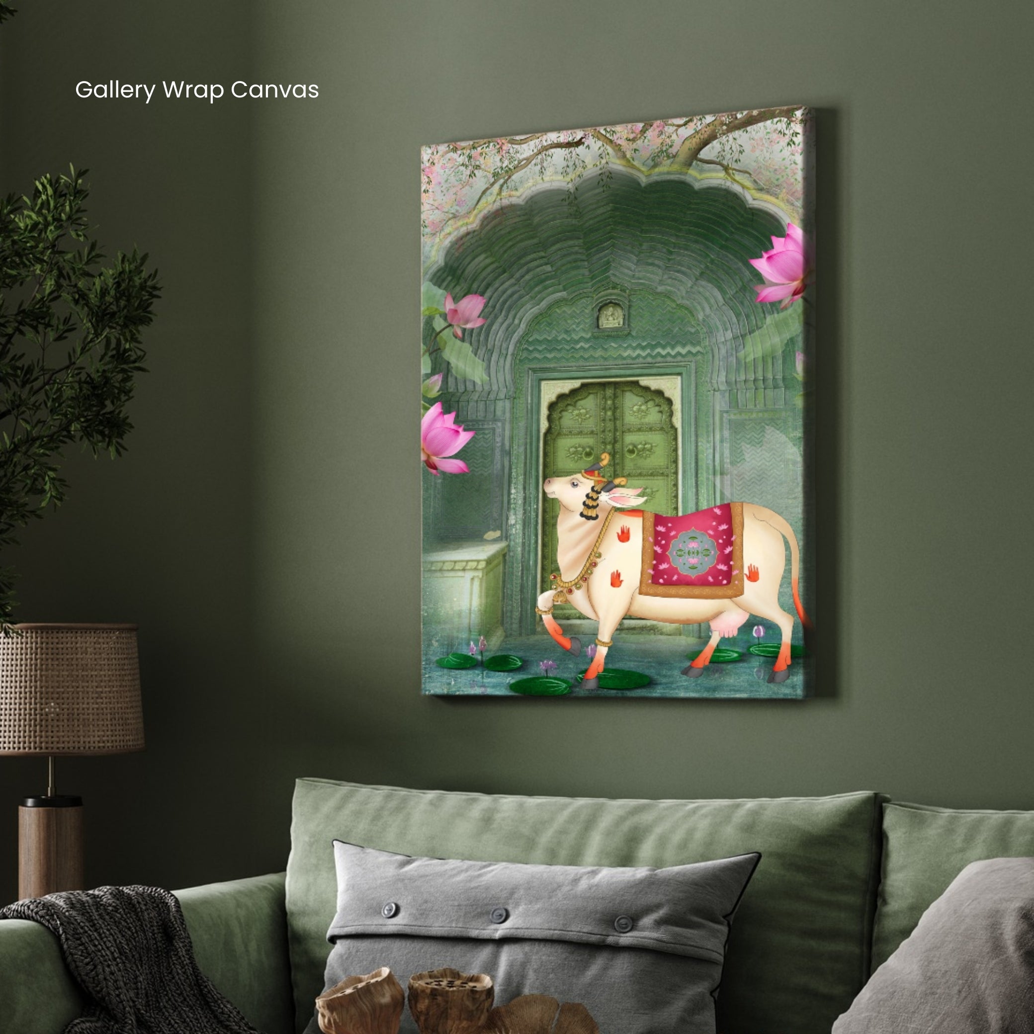 Sacred Cow Procession Under Palm Trees – Traditional Pichwai Wall Art 2 : 3 Vertical Premium Wall Art Canvas by MeriDeewar