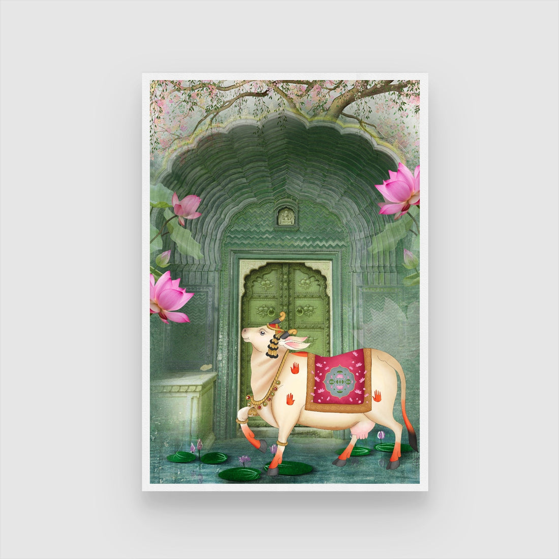Sacred Cow Procession Under Palm Trees – Traditional Pichwai Wall Art 2 : 3 Vertical Premium Wall Art Canvas by MeriDeewar