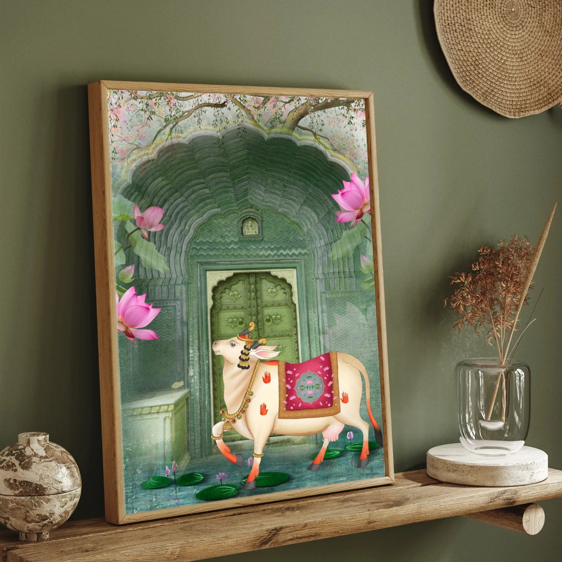 Sacred Cow Procession Under Palm Trees – Traditional Pichwai Wall Art 2 : 3 Vertical Premium Wall Art Canvas by MeriDeewar