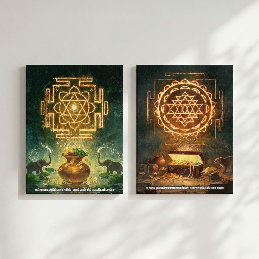 Sacred Durga & Kubera Yantra | Set of 2 Vertical Canvas Curate Premium Wall Art Canvas by MeriDeewar