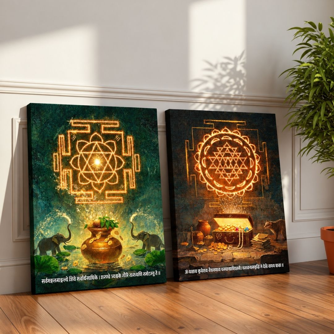 Sacred Durga & Kubera Yantra | Set of 2 Vertical Canvas Curate Premium Wall Art Canvas by MeriDeewar