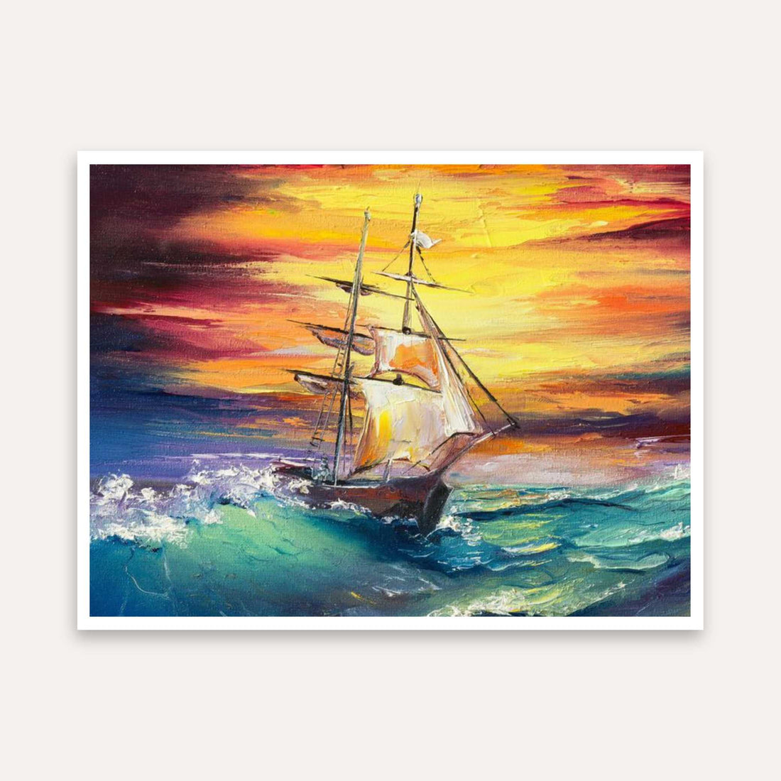 Sailboat & Sunset Sea Painting for Living Room | Vibrant Ocean Wall Art | Giclée Print 5 : 4 Horizontal Premium Wall Art Canvas by MeriDeewar