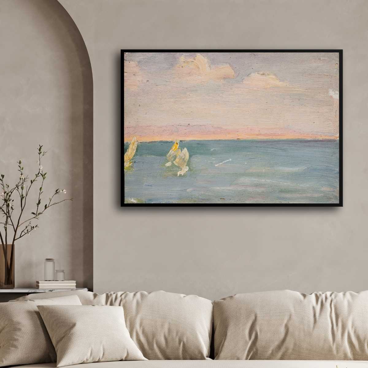 Sailboats on Serene Seascape Oil Painting | Horizontal Framed Print 4 : 3 Horizontal Premium Wall Art Canvas by MeriDeewar