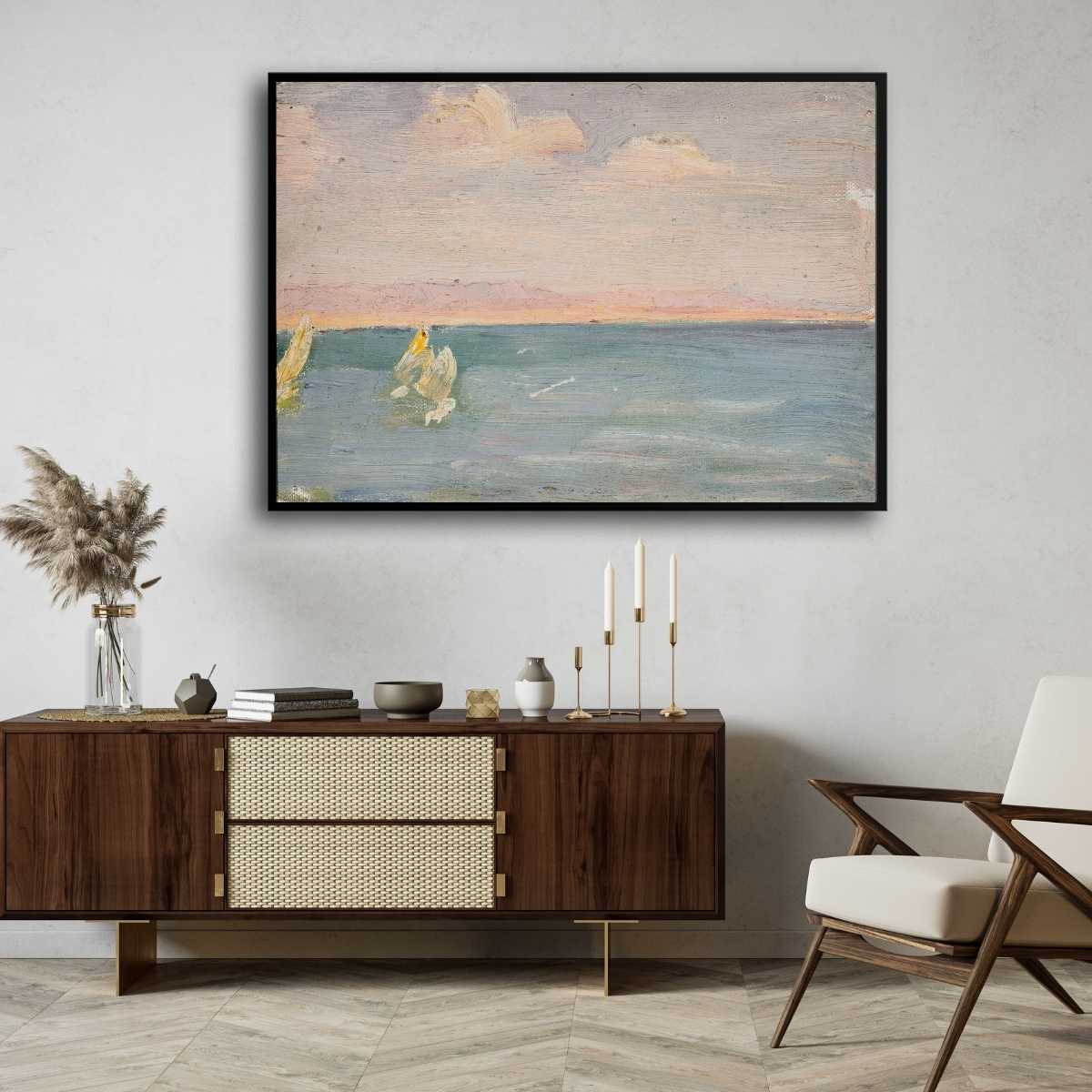 Sailboats on Serene Seascape Oil Painting | Horizontal Framed Print 4 : 3 Horizontal Premium Wall Art Canvas by MeriDeewar