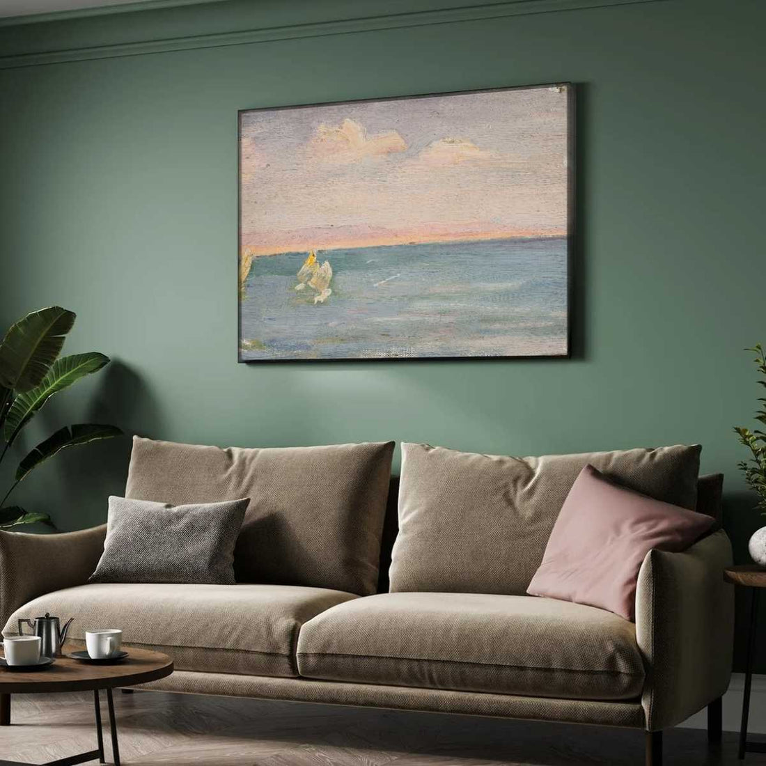 Sailboats on Serene Seascape Oil Painting | Horizontal Framed Print 4 : 3 Horizontal Premium Wall Art Canvas by MeriDeewar