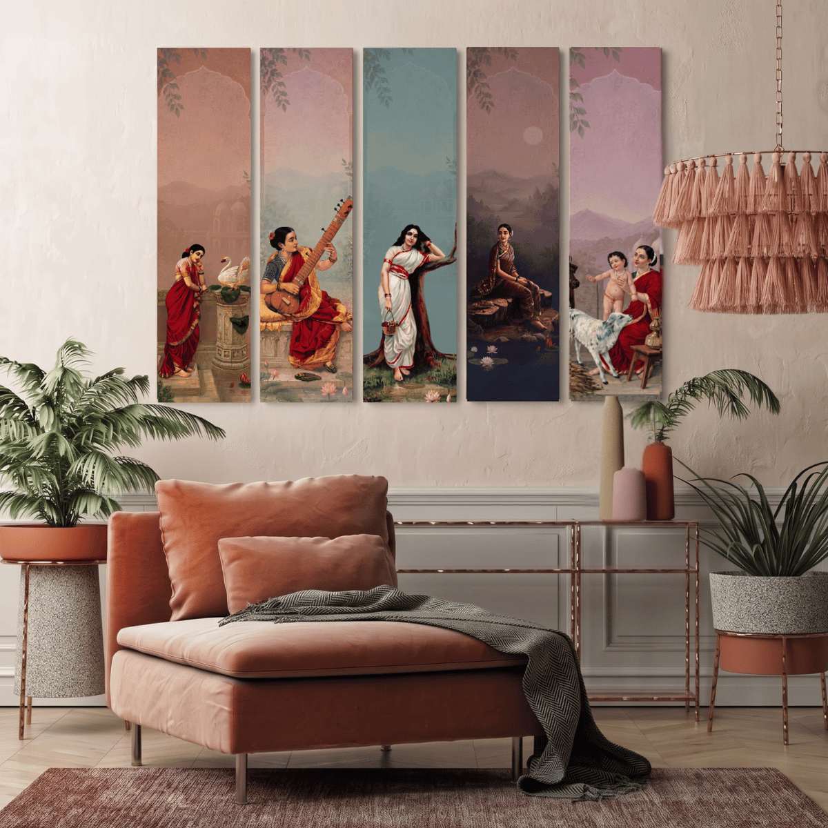 Sakhi | Raja Ravi Varma-Inspired Set of 5 Canvas Panels Curate Premium Wall Art Canvas by MeriDeewar