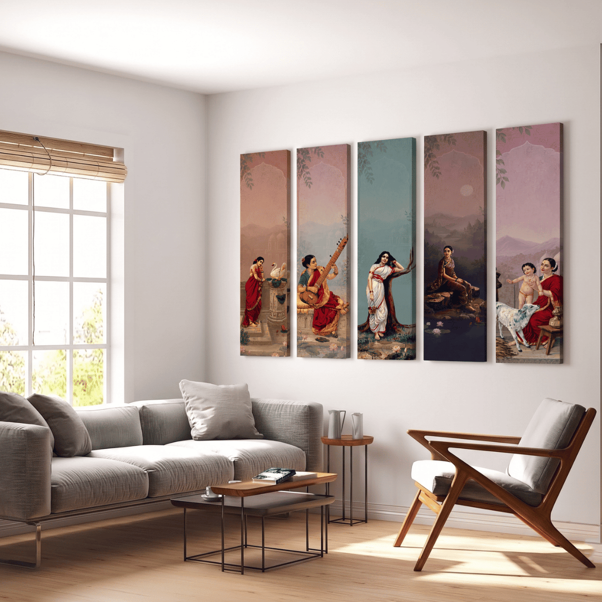 Sakhi | Raja Ravi Varma-Inspired Set of 5 Canvas Panels Curate Premium Wall Art Canvas by MeriDeewar