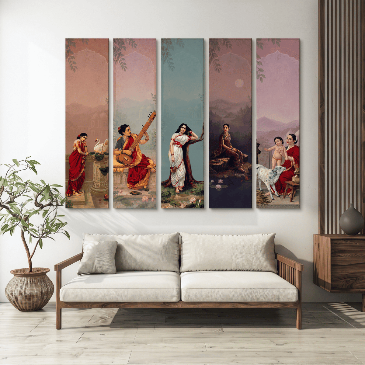 Sakhi | Raja Ravi Varma-Inspired Set of 5 Canvas Panels Curate Premium Wall Art Canvas by MeriDeewar