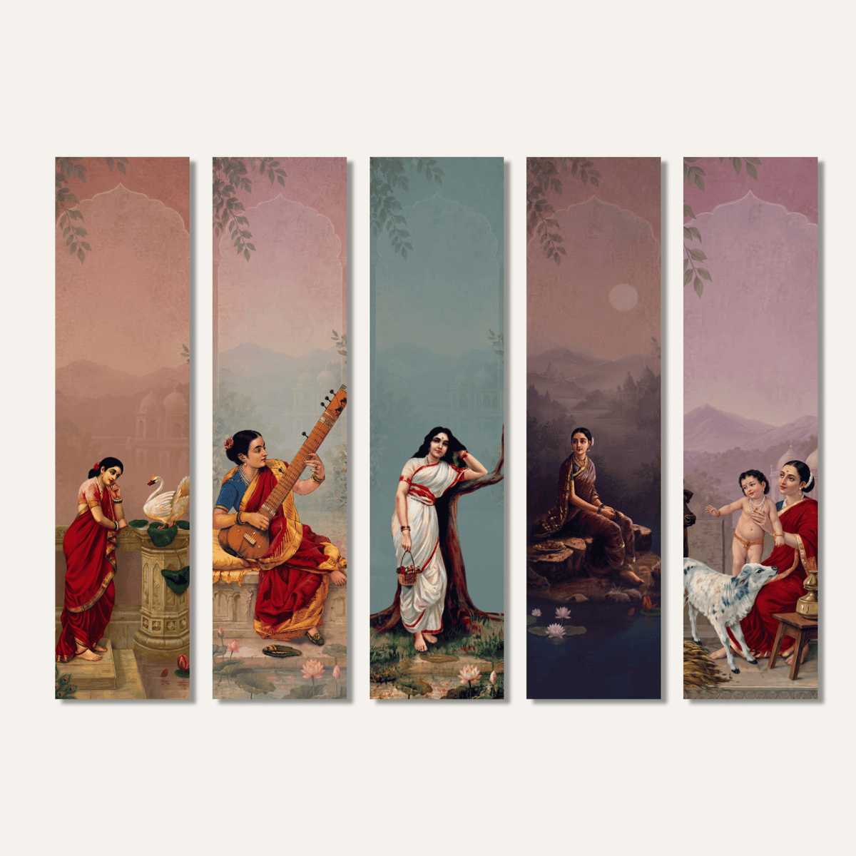 Sakhi | Raja Ravi Varma-Inspired Set of 5 Canvas Panels Curate Premium Wall Art Canvas by MeriDeewar