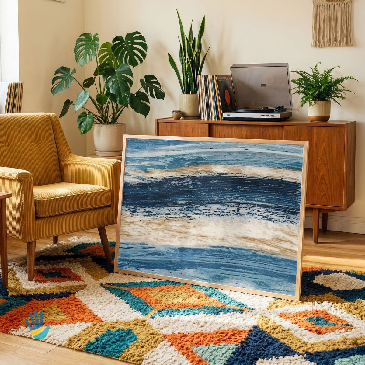 Samudra Wave | Coastal Indigo & Sand Abstract Wall Art 4 : 3 Horizontal Premium Wall Art Canvas by MeriDeewar