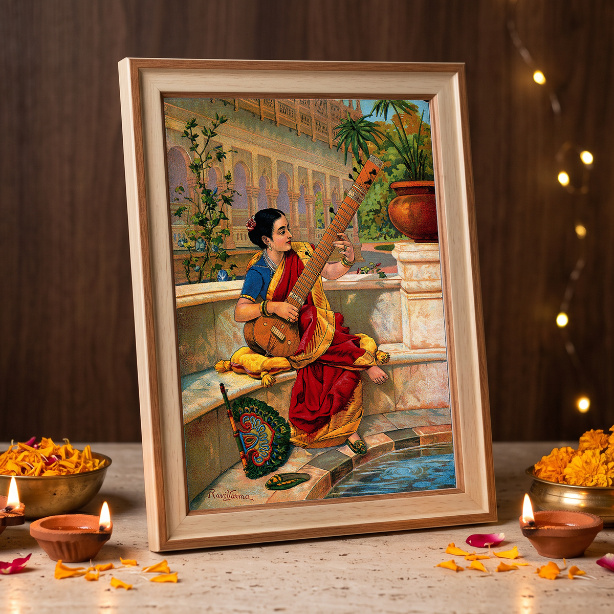 Sangeet Sandhya | Raja Ravi Varma Classical Musician Framed Art Curate Pinewood Mix / Small Premium Wall Art Canvas by MeriDeewar