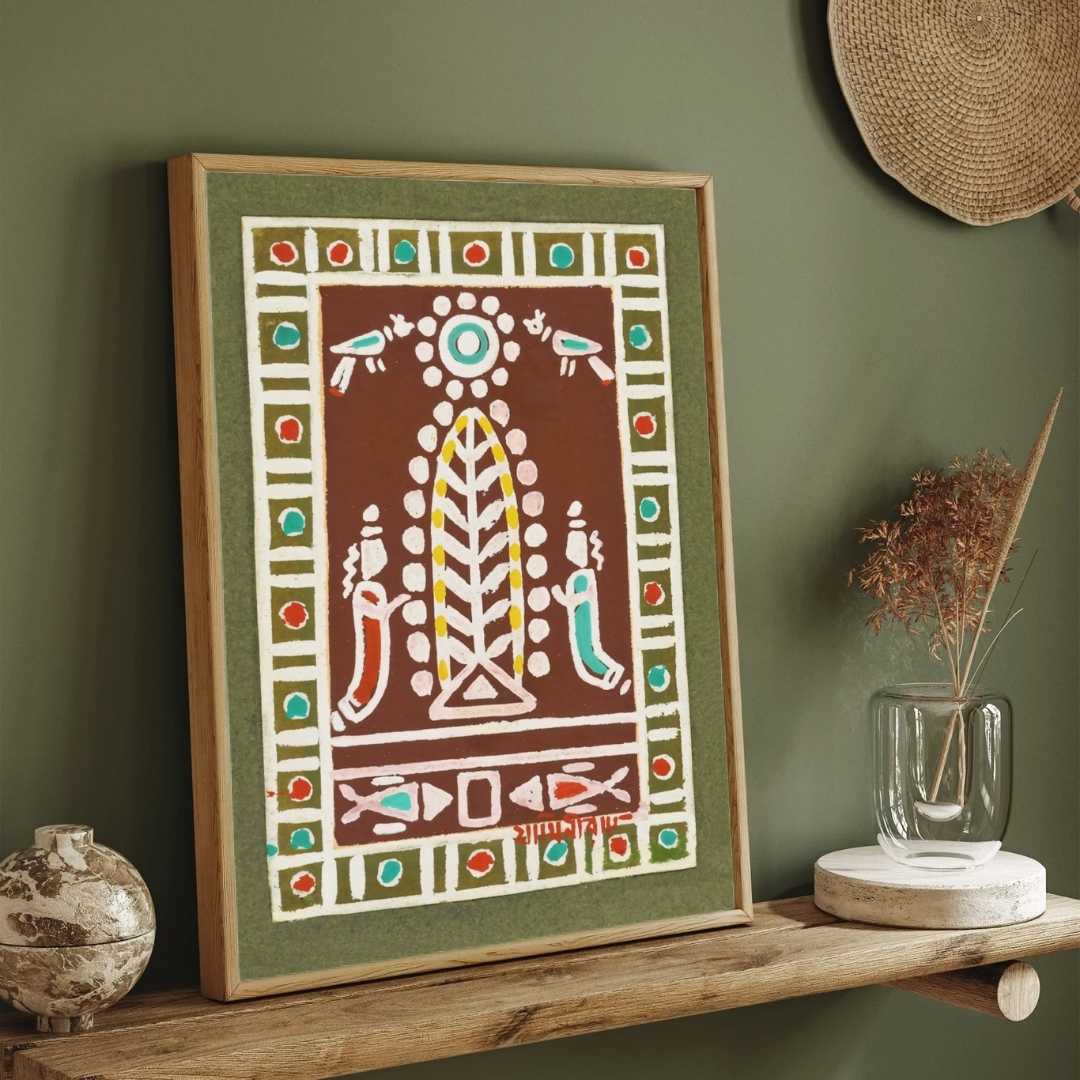 Santhal Tribal Folk Art Painting for Living Room | Jamini Roy Style Wall Décor | Giclée Print 2 : 3 Vertical Premium Wall Art Canvas by MeriDeewar