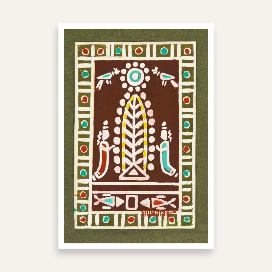 Santhal Tribal Folk Art Painting for Living Room | Jamini Roy Style Wall Décor | Giclée Print 2 : 3 Vertical Premium Wall Art Canvas by MeriDeewar