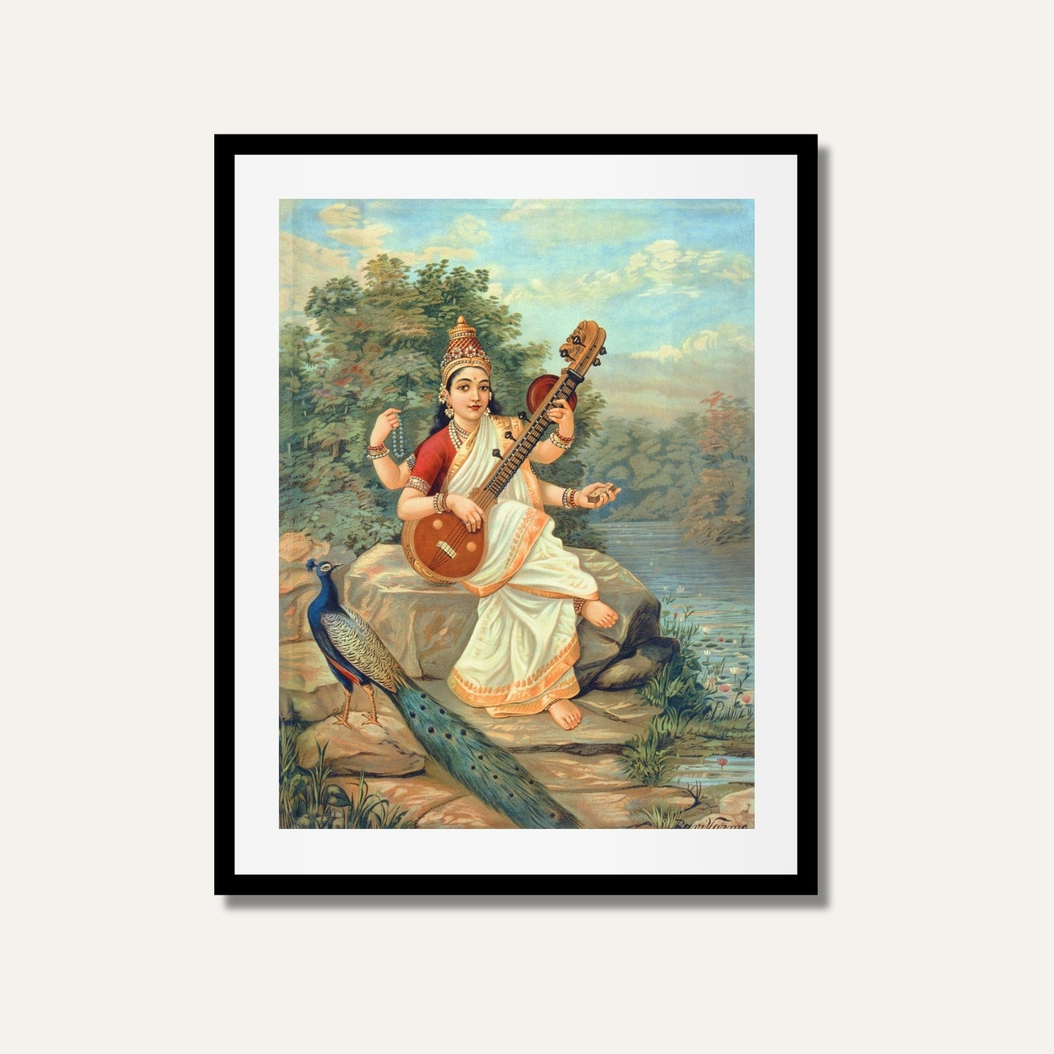 Saraswati Painting by Raja Ravi Varma – Goddess of Knowledge and Arts | MeriDeewar 4 X 5.5 Vertical Premium Wall Art Canvas by MeriDeewar