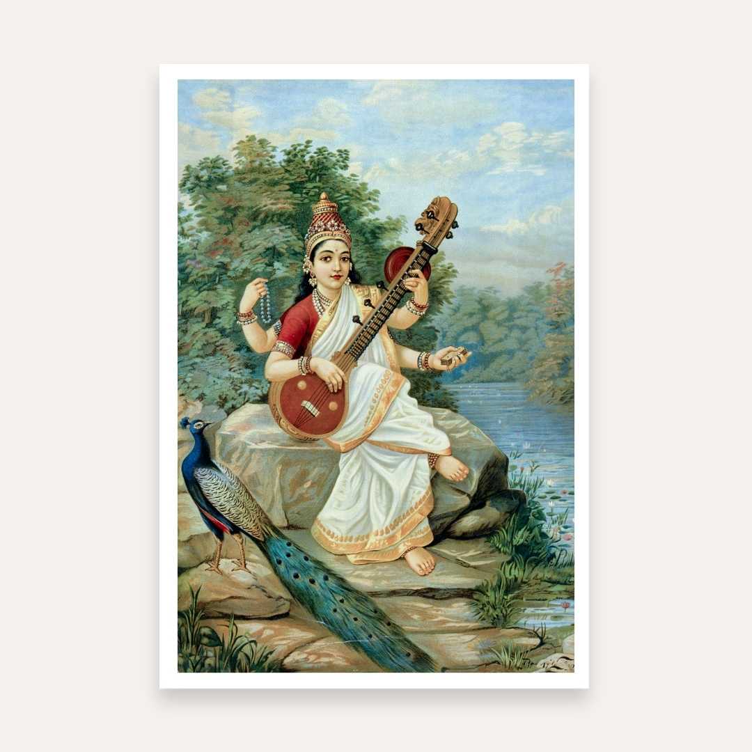 Saraswati Painting by Raja Ravi Varma – Spiritual Wall Art for Pooja Room & Living Room 2 : 3 Vertical Premium Wall Art Canvas by MeriDeewar