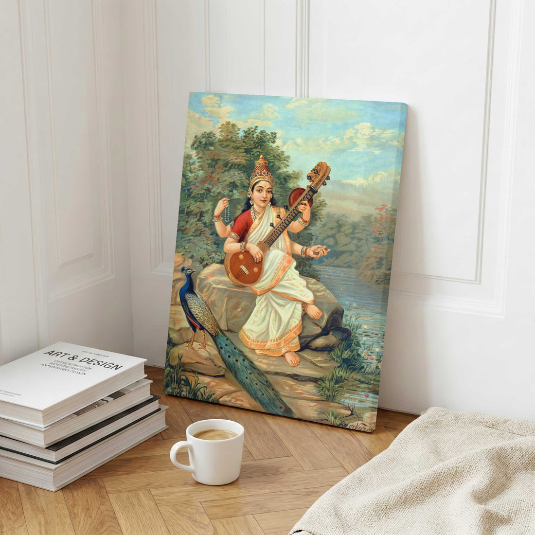 Saraswati Painting by Raja Ravi Varma – Goddess of Knowledge and Arts | MeriDeewar 4 X 5.5 Vertical Premium Wall Art Canvas by MeriDeewar