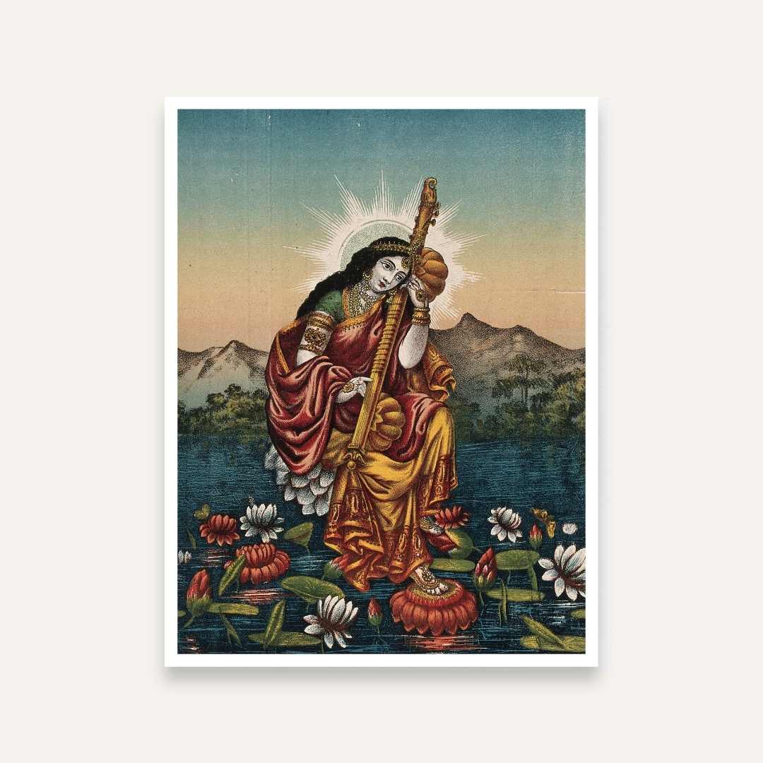 Saraswati Painting for Pooja Room & Living Room | Goddess on Lotus Wall Art | Giclée Print 3 : 4 Vertical Premium Wall Art Canvas by MeriDeewar