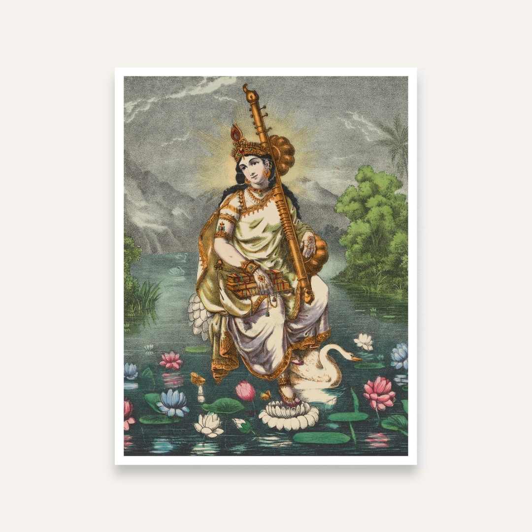 Saraswati Painting for Pooja Room & Living Room | Spiritual Wall Art | Giclée Print 4 :5 Vertical Premium Wall Art Canvas by MeriDeewar
