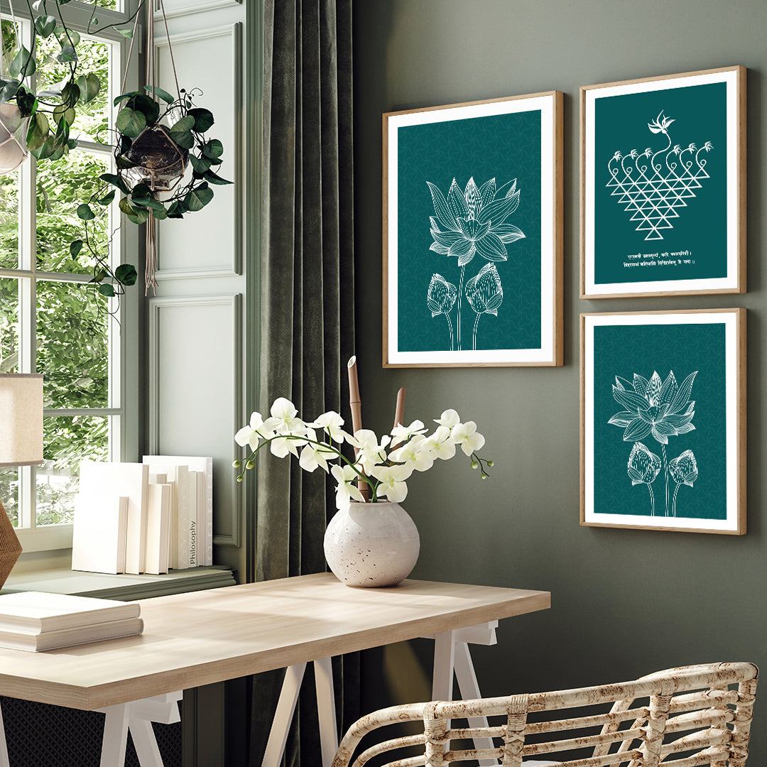Saraswati Yantra set of 3 paintings Walls Premium Wall Art Canvas by MeriDeewar