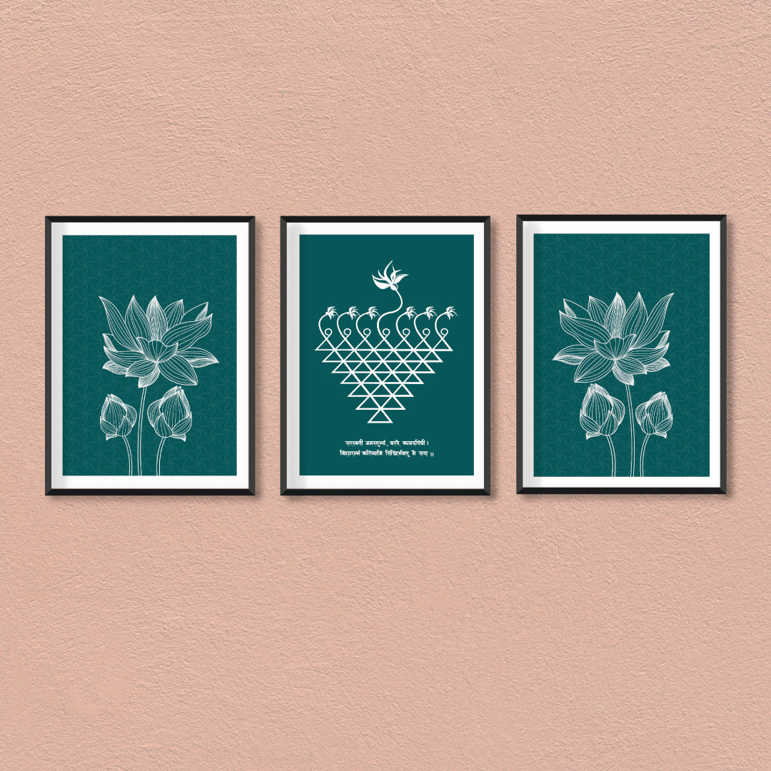 Saraswati Yantra set of 3 paintings Walls Premium Wall Art Canvas by MeriDeewar