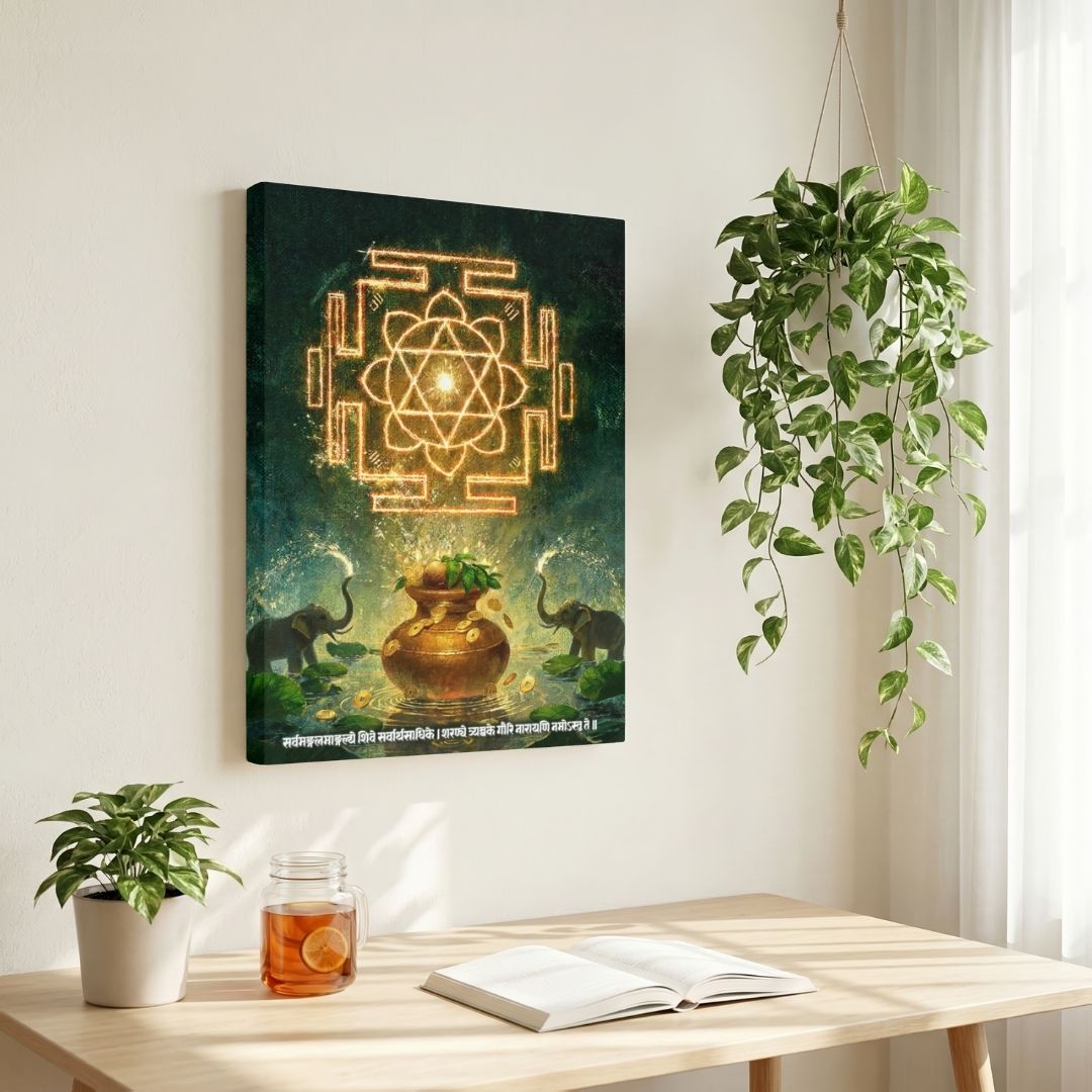 Sarvamangala | Sacred Durga Yantra, Purna Kalash & Shloka Vertical Canvas Art Curate Premium Wall Art Canvas by MeriDeewar