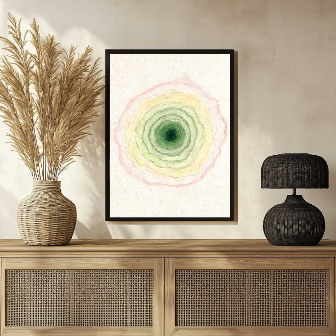 Scandinavian Minimalist Concentric Green & Blush Pink Geode Painting | Vertical Modern Boho White Framed Wall Art 3 : 4 Vertical Premium Wall Art Canvas by MeriDeewar