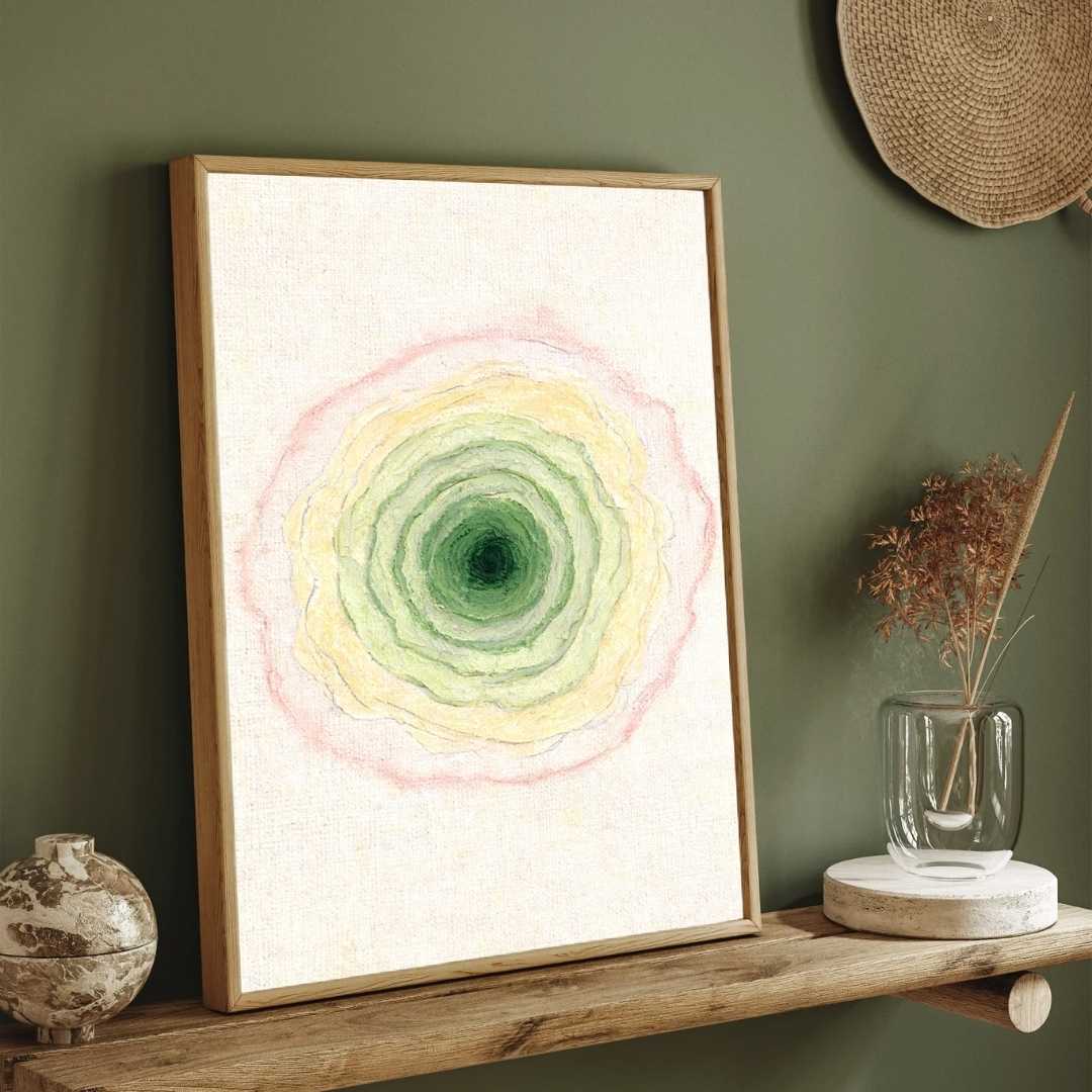 Scandinavian Minimalist Concentric Green & Blush Pink Geode Painting | Vertical Modern Boho White Framed Wall Art 3 : 4 Vertical Premium Wall Art Canvas by MeriDeewar