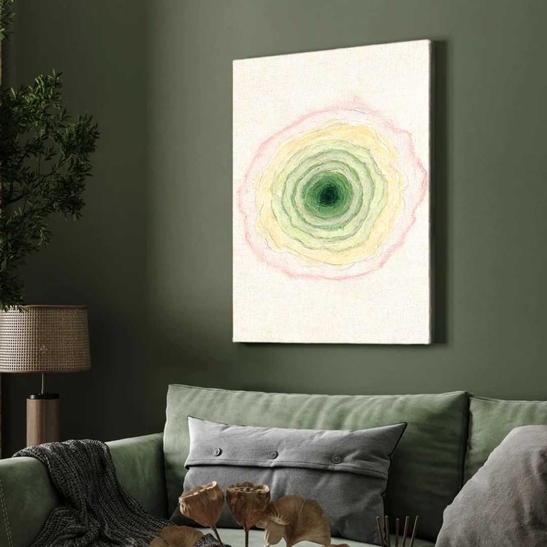 Scandinavian Minimalist Concentric Green & Blush Pink Geode Painting | Vertical Modern Boho White Framed Wall Art 3 : 4 Vertical Premium Wall Art Canvas by MeriDeewar
