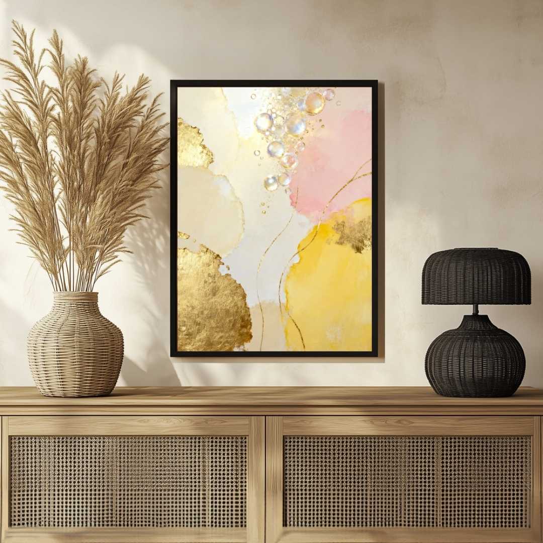 Scandinavian Minimalist Dark Watercolor Bubbles & Heavy Gold Leaf Painting | Vertical Modern Boho White Framed Wall Art 3 : 4 Vertical Premium Wall Art Canvas by MeriDeewar